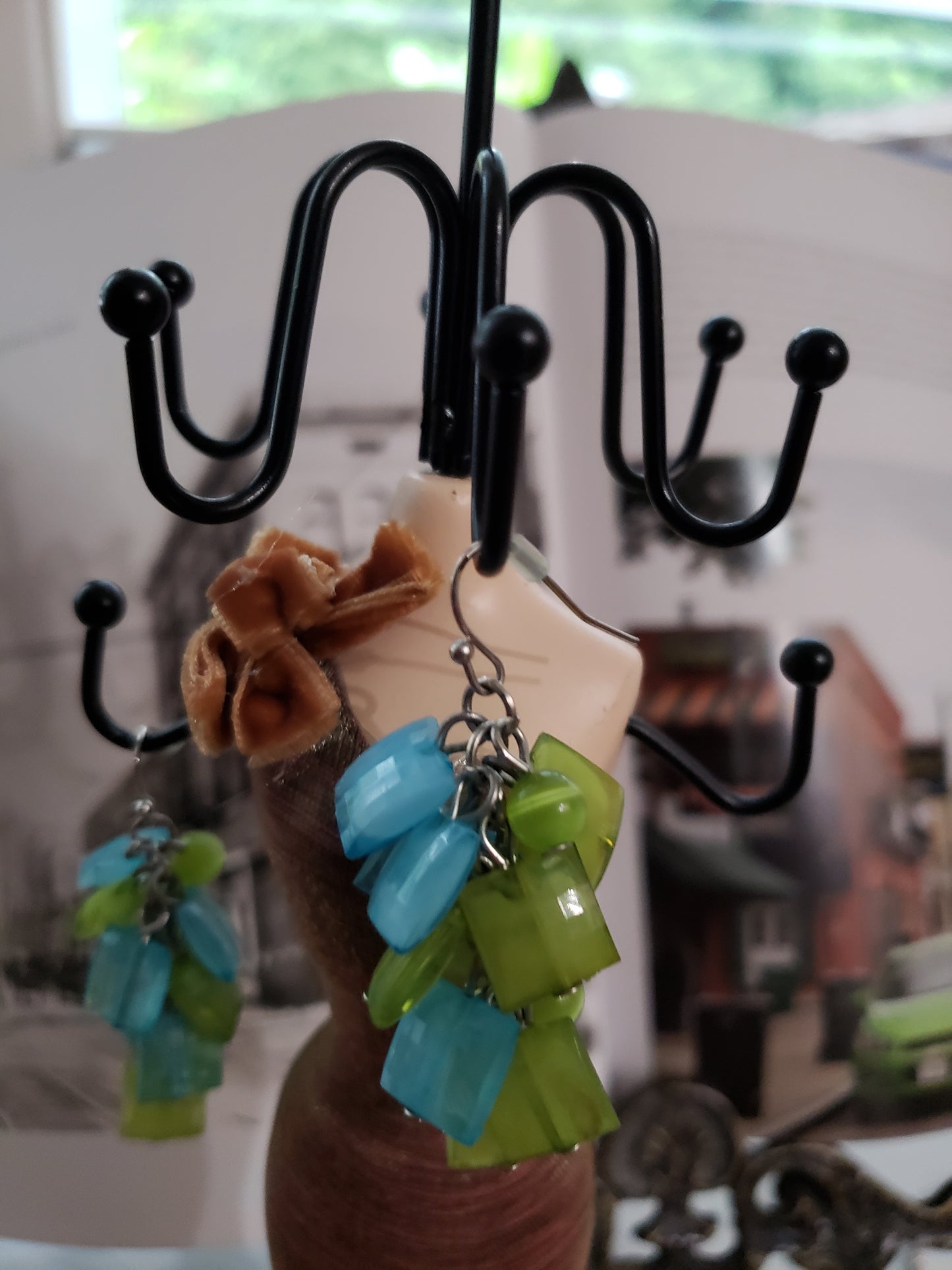 Earrings - Dangling Turquoise and Lime Green Squared Stones